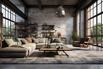 Living room interior in loft, industrial style 3d rendering. generative ai.