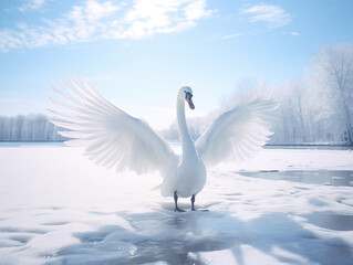 White swans by the lake in winter,created with Generative AI tecnology.
