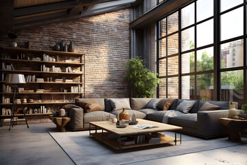 Living room loft in industrial style 3d rendering. generative ai.