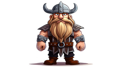 A viking cartoon with a horn helmet and armor on a white background - obrazy, fototapety, plakaty