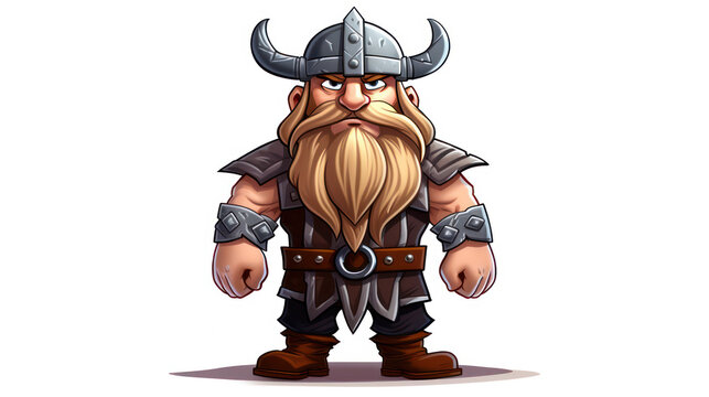 A viking cartoon with a horn helmet and armor on a white background
