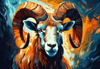 Wild ram drawn with bright colors. Colorful image of wild ram for advertising and design. - obrazy, fototapety, plakaty