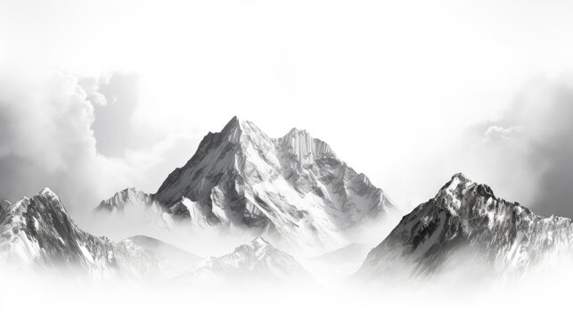 Panoramic view of a mountain range with peaks in monochrome. Foggy and overcast. Illustration for cover, card, postcard, interior design, banner, poster, brochure or presentation.