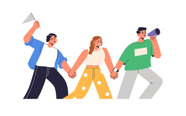 Happy characters calling, speaking with loudspeaker. Young people announcing promotion with bullhorn, going together. Megaphone announcement. Flat vector illustration isolated on white background