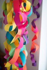 Handmade with children colorful paper chains, as decor for home, Christmas tree, or Jewish Sukkot celebration. Vibrant DIY crafts add festive charm and personalized flair to holiday decor.