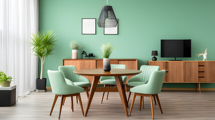 Mint color chairs at round wooden dining table in room with sofa and cabinet near green wall. generative ai.