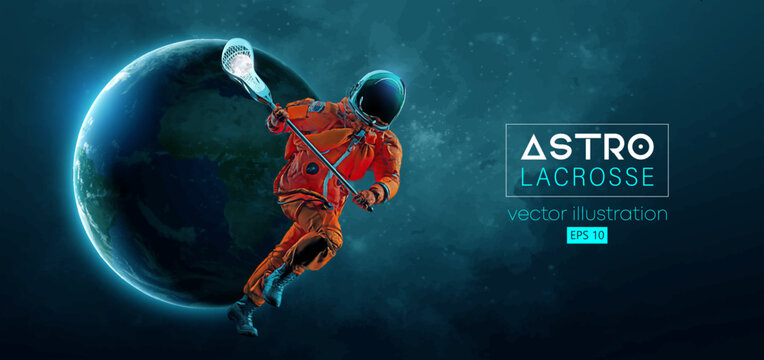 Abstract silhouette of a lacrosse player astronaut in space action and Earth, Mars, planets on the background of the space. Lacrosse player astronaut are throws the ball. Vector 3d render illustration