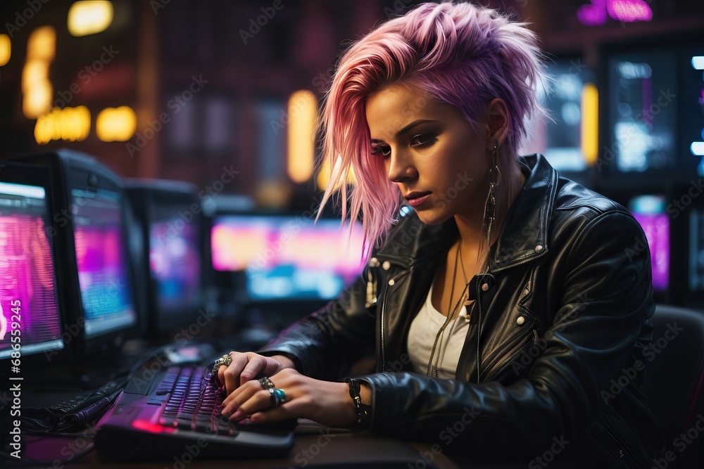Poster A hacker woman with an unusual informal appearance is sitting at a computer against the background of a dark office with lots of bright neon colors and lamps. Cybercrime, hacking 