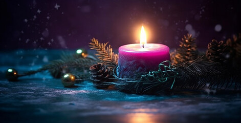 Pink Glowing Candle with Christmas Decor and Snowflakes