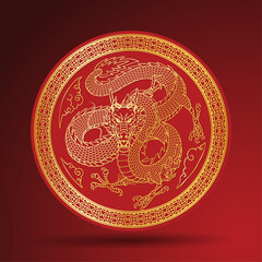 Chinese Gold Dragon Illustration Emblem in Circle Ornament