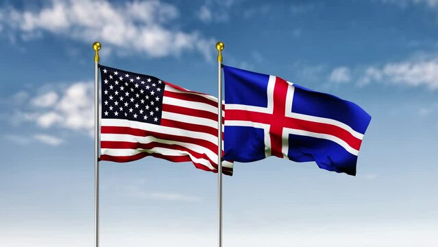 USA or america and iceland flag waving on sky background. 4K Highly Detail 3D Rendered video footage for national or government activity, patriotism and  social media content.