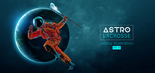 Abstract silhouette of a lacrosse player astronaut in space action and Earth, Mars, planets on the background of the space. Lacrosse player astronaut are throws the ball. Vector 3d render illustration