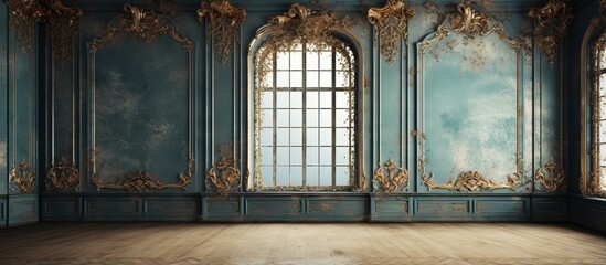 Baroque style windows adorn an antiquated room with a grunge interior