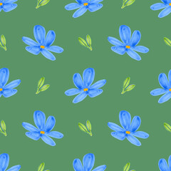 Seamless pattern of blue flax flowers, green leaves on a green background. Hand drawn illustration by markers. Wildflowers. Botanical hand painted floral elements. For fabric, sketchbook, wallpaper.