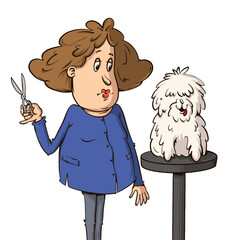 A dog groomer in a blue uniform, holding scissors