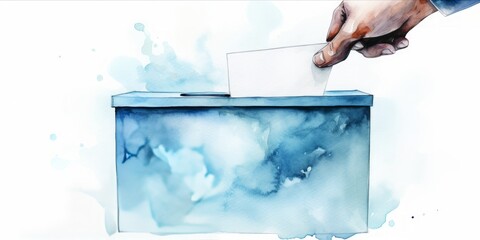 Blue Aquarelle Close-Up Captures the Moment a Hand Places a Note into a Ballot Box on a Clean White Background