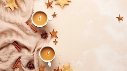 Autumn or winter composition. Gift box Coffee cup, cinnamon sticks, anise stars, beige sweater with knitted blanket on cream color gray fluffy background with generative ai - obrazy, fototapety, plakaty