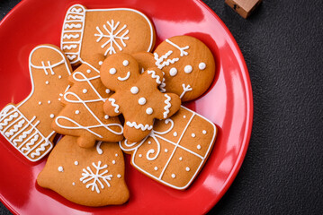 Christmas party inscription with wooden cubes on a dark concrete background