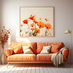 Cozy Orange Sofa, Poppies Wall Art, and White Wood Flooring