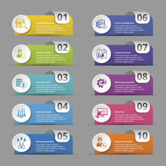 Infographics with Customer Relationship theme icons, 10 steps. Such as consumer behaviour, customer support, data enrichment, business relations and more.