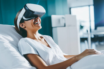 Fototapeta premium Patient woman with virtual reality headset in the hospital. Modern AI technologies in treatments and medicine.
