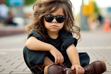 Fototapeta na wymiar Fashionable little glamorous girl in black summer dress and sunglasses sitting outside.