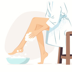 The girl washes her legs with a washcloth. Caring for your legs. A woman does skin care procedures against corns on her legs. Spa pedicure and pilling cream. Flat vector illustration.