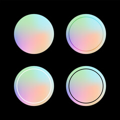 Holographic stickers. Set of hologram tag labels, iridescent foil badge stickers round shape with plain, overlay, white and black border line. Sticker mockup template. Vector illustration.