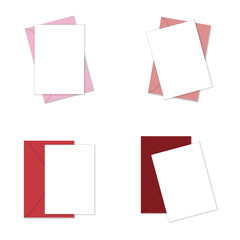 Greeting card mockup. Set of white vertical greeting cards on pink and red envelopes flat lay top view mockup template. Isolated on white background. Vector illustration.