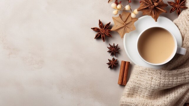 Autumn or winter composition. Gift box Coffee cup, cinnamon sticks, anise stars, beige sweater with knitted blanket on cream color gray fluffy background with generative ai