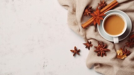 Autumn or winter composition. Gift box Coffee cup, cinnamon sticks, anise stars, beige sweater with knitted blanket on cream color gray fluffy background with generative ai