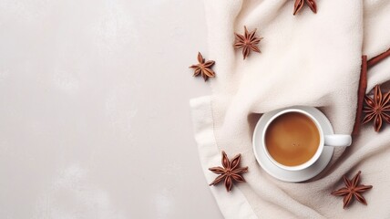 Obraz na płótnie Canvas Autumn or winter composition. Gift box Coffee cup, cinnamon sticks, anise stars, beige sweater with knitted blanket on cream color gray fluffy background with generative ai