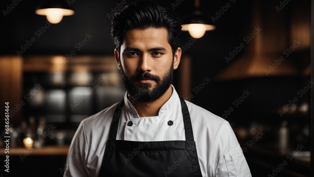 Wall mural  chef or waiter young black haired 
 male with beard  on uniform in dark background
