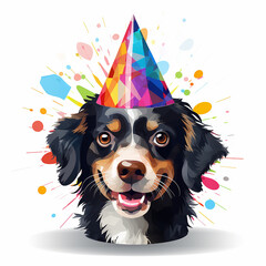Cute australian shepherd dog with party hat. Vector illustration.