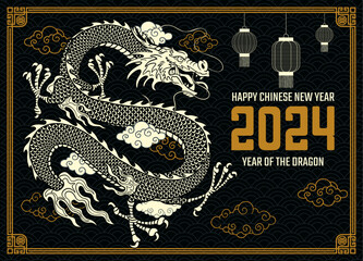 Happy Chinese New Year 2024 Illustration with Asian Frame, Year of the Dragon