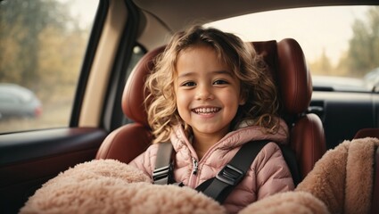 The excitement and smiling of a child girl  in the car seat. Back to school concept