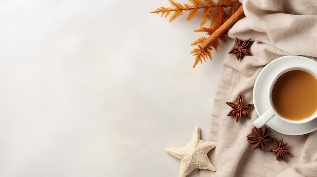 Autumn or winter composition. Gift box Coffee cup, cinnamon sticks, anise stars, beige sweater with knitted blanket on cream color gray fluffy background with generative ai