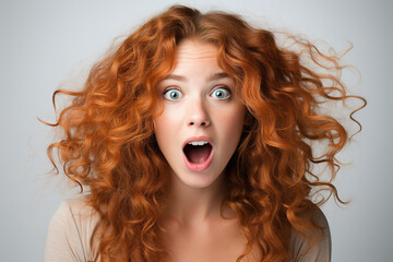 Emotional portrait of a woman, surprised or shocked Caucasian young curly redhead woman on a gray background looking at camera with big eyes