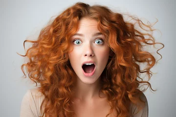 Poster Emotional portrait of a woman, surprised or shocked Caucasian young curly redhead woman on a gray background looking at camera with big eyes © Sergio
