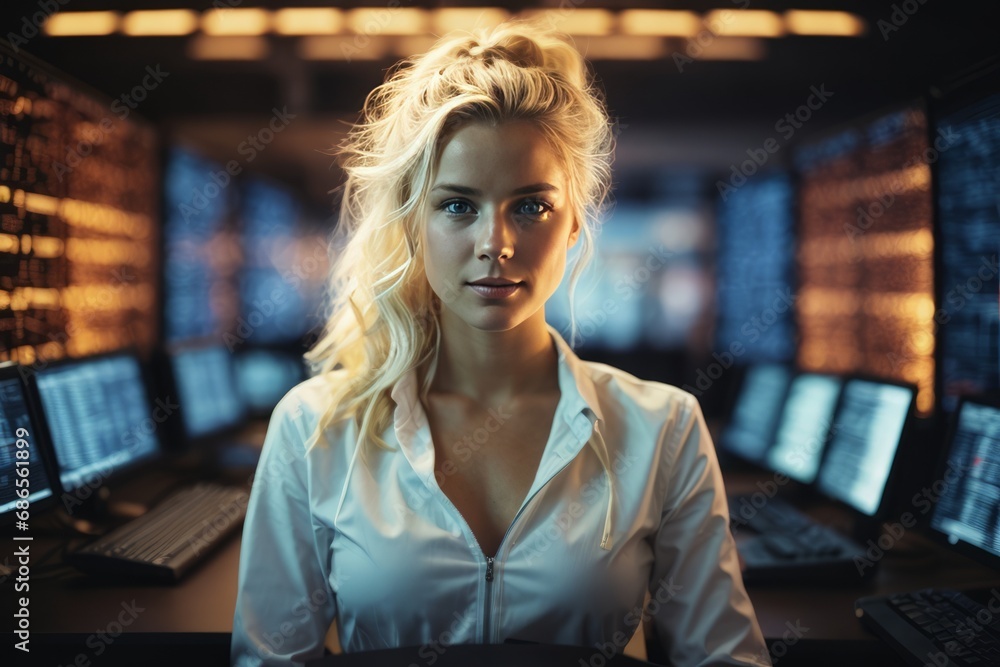 Poster a blonde hacker woman works at a computer in an office with a lot of modern equipment and technologi