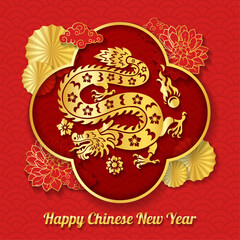 Happy Chinese New Year with Realistic Gold Dragon, Frame, and Ornament 