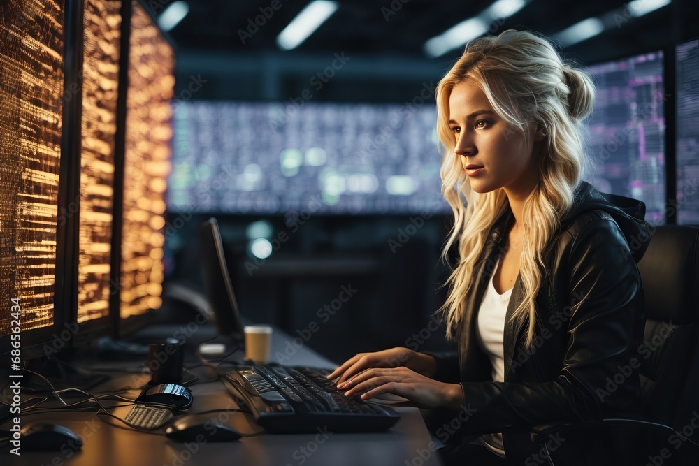 Aufkleber a blonde hacker woman works at a computer in an office with a lot of modern equipment and technologi