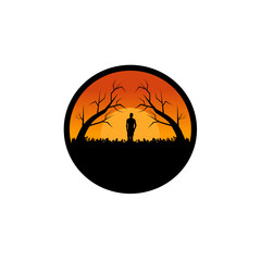 Vector logo design illustration of a natural landscape with elements of silhouettes of people, trees, grass, and evening sunset before dark
