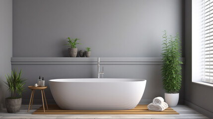 Fototapeta na wymiar minimalist bathroom interior, concrete floor and gray and beige walls, bathroom cabinet, bathtub.