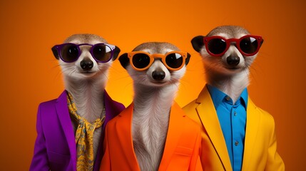 a group of meerkats wearing colorful suits and sunglasses - obrazy, fototapety, plakaty