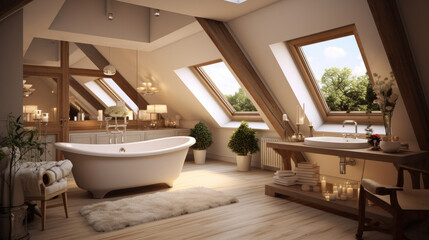 Fototapeta na wymiar Modern bathroom in cool style with glass shower and bathtub in the attic of house