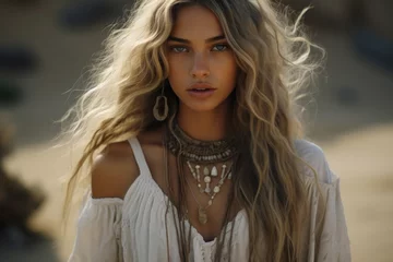 a boho girl adorned in a palette of white, black, sand, light gray, silver, and gold