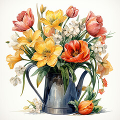 Bouquet of colorful spring flowers in a vintage watering can, bucket.Generative AI technology.