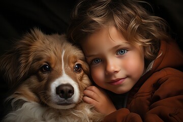 Cute little child playing with his dog