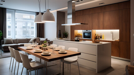 Stylish apartment interior with modern kitchen. Idea for home design. generative ai.